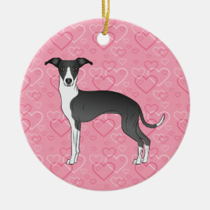Black And White Iggy Dog Pink Hearts Pet Memorial Ceramic Ornament