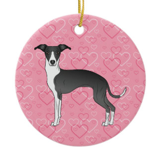 Black And White Iggy Dog Pink Hearts Pet Memorial Ceramic Ornament