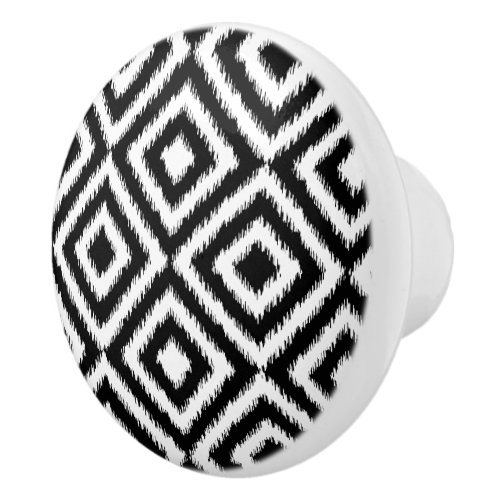 Black And White Ikat Squares Mosaic Art Pattern Ceramic Knob
