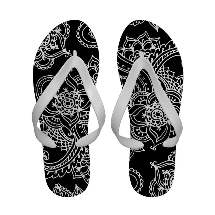 Black and White Illustrated Bohemian Paisley Henna Sandals