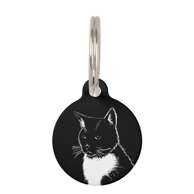 Black and white illustrated Cat Pet tag (Front)