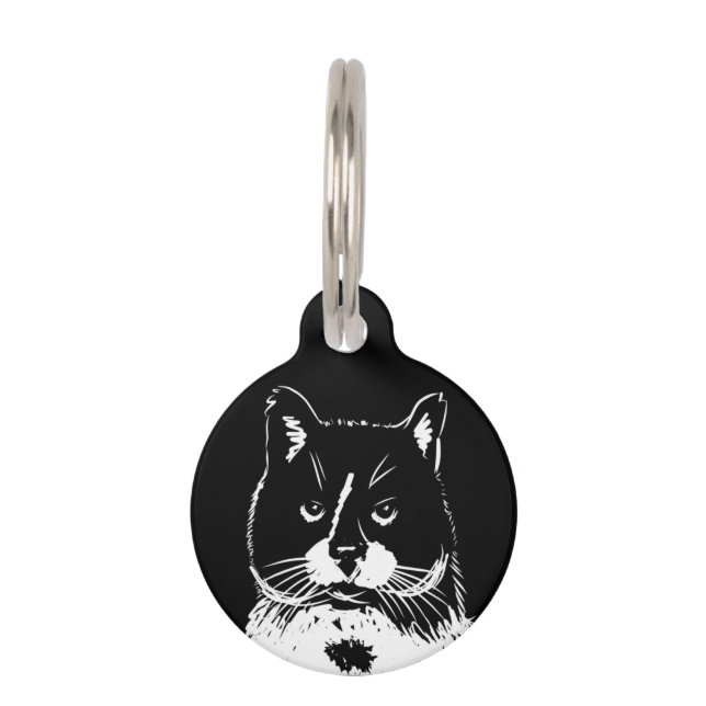 Black and white illustrated Cat Pet tag (Front)