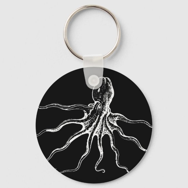 Black and White Illustrated Octopus Sea Creature Keychain (Front)