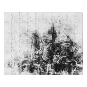 Black and White Illustration Notre-Dame Cathedral Jigsaw Puzzle