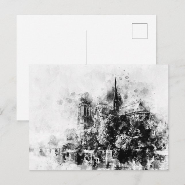 Black and White Illustration Notre-Dame Cathedral Postcard (Front/Back)