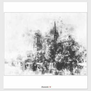 Black and White Illustration Notre-Dame Cathedral Sticker