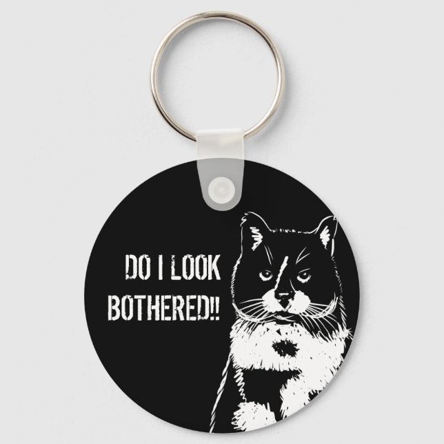 Black and white illustration of Funny Cat Keychain (Front)