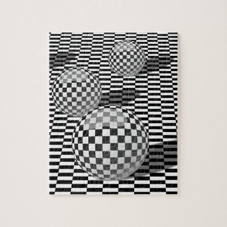 Black And White Illustration With Balls On A Chess Jigsaw Puzzle