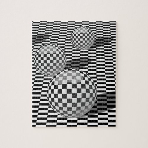 Black and white illustration with balls on a chess jigsaw puzzle