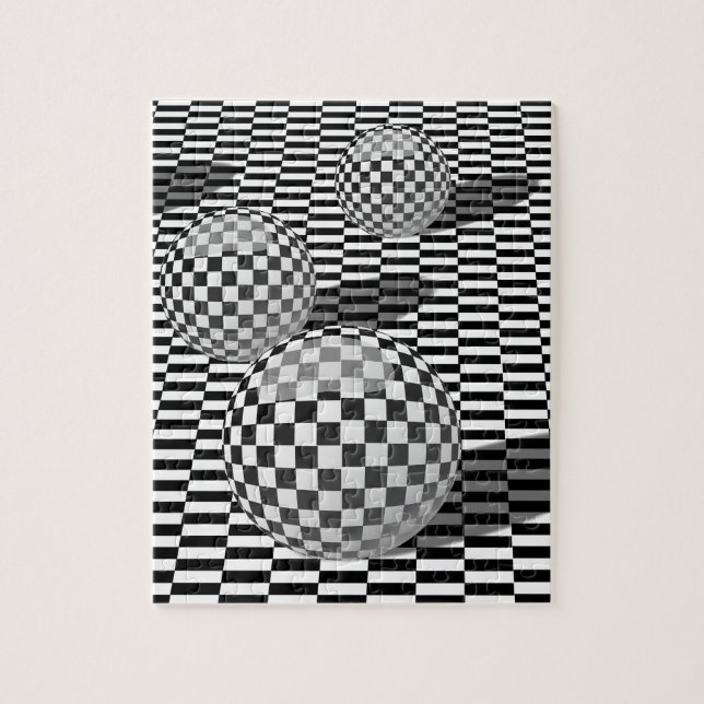 Black and white illustration with balls on a chess jigsaw puzzle (Vertical)