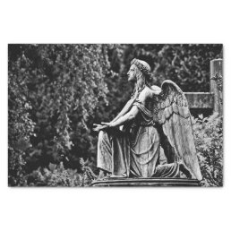 Black and white image kneeling angel tissue paper