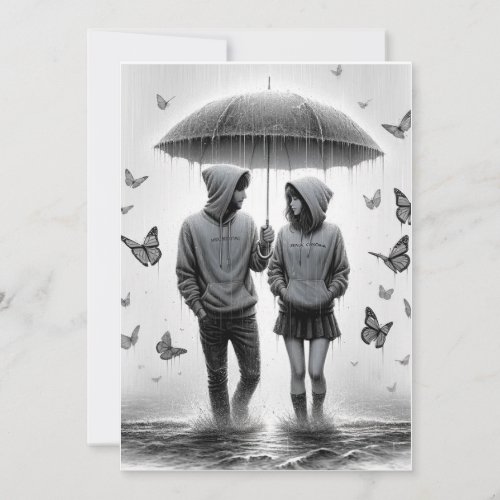 Black and white image of a couple under an umbrell invitation