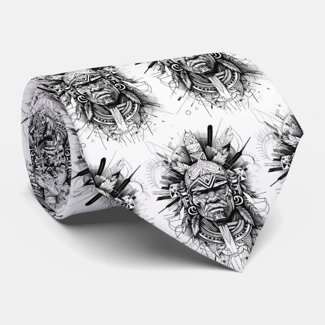 Black and White Inca Native American Warrior Neck Tie (Rolled)