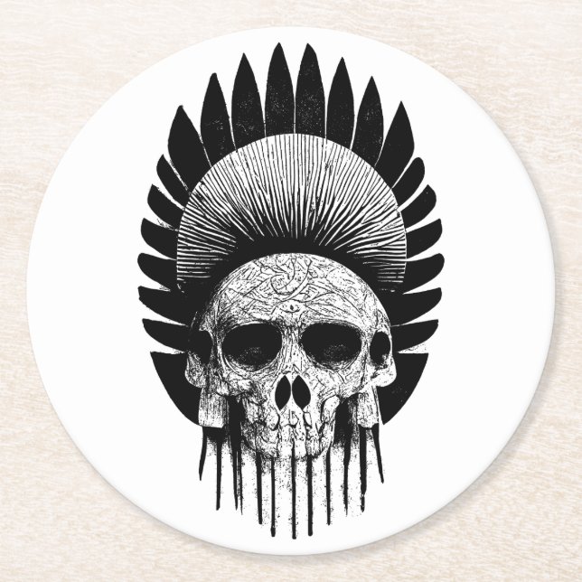 Black And White Indian Skull Round Paper Coaster (Front)
