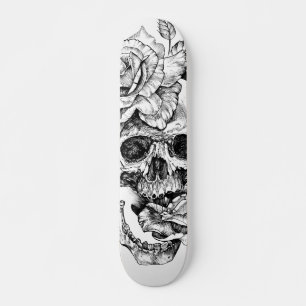 Black and White Ink Drawing Skull Skate Deck