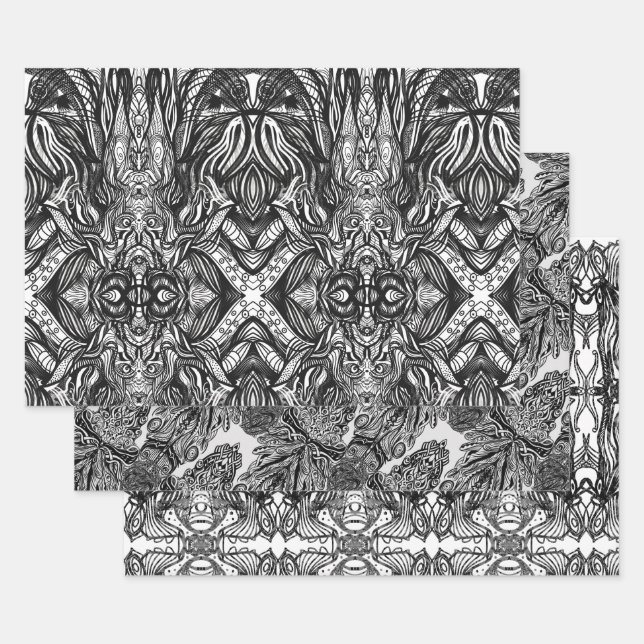 Black and White ink drawings Wrapping Paper Sheets (Set)