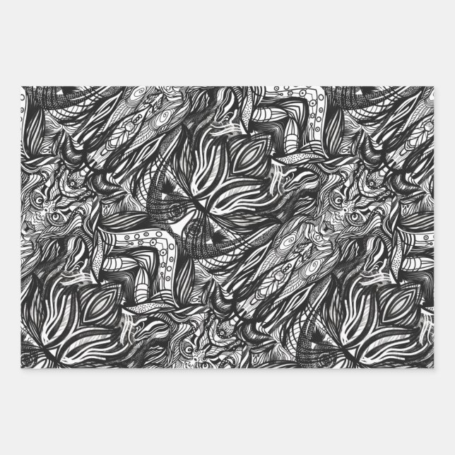 Black and White ink drawings Wrapping Paper Sheets (Front 3)