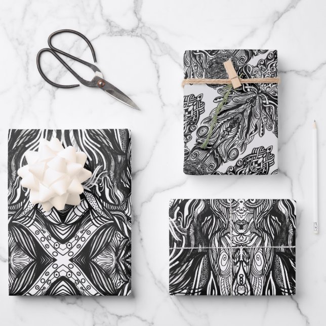 Black and White ink drawings Wrapping Paper Sheets (Front)