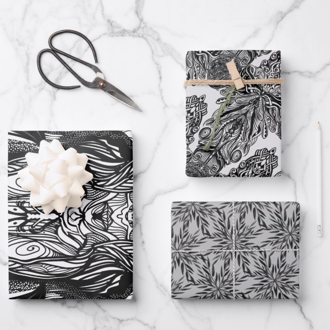 Black and White ink drawings Wrapping Paper Sheets (Front)