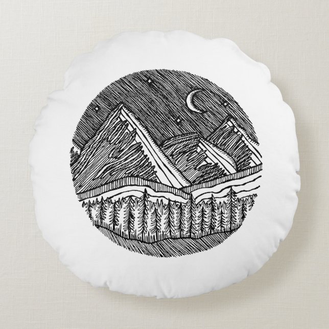 Black and White Ink-Drawn Round Alp Landscape Pillow (Front)