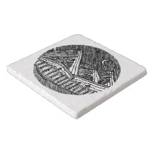 Black and White Ink-Drawn Round Alp Landscape