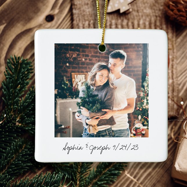 Black and White Instant Photo Style Wedding Photo Ceramic Ornament (A sweet, vintage style Christmas photo ornament keepsake)