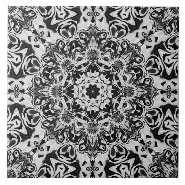 black and white intricate mandala pattern art ceramic tile (Front)