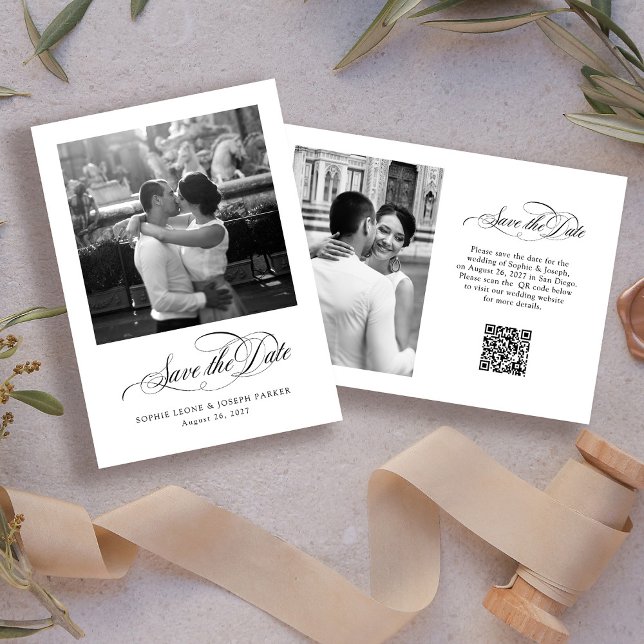 Black and White Italian Elegance Two Photo QR Code Save The Date (Creator Uploaded)