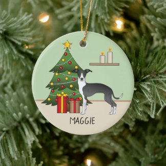 Black And White Italian Greyhound & Christmas Tree Ceramic Ornament