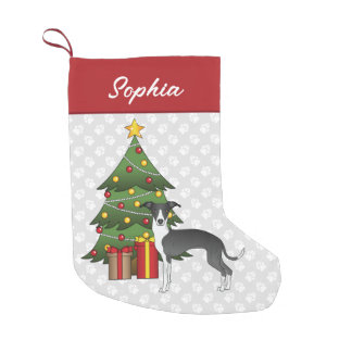 Black And White Italian Greyhound &amp; Christmas Tree Small Christmas Stocking