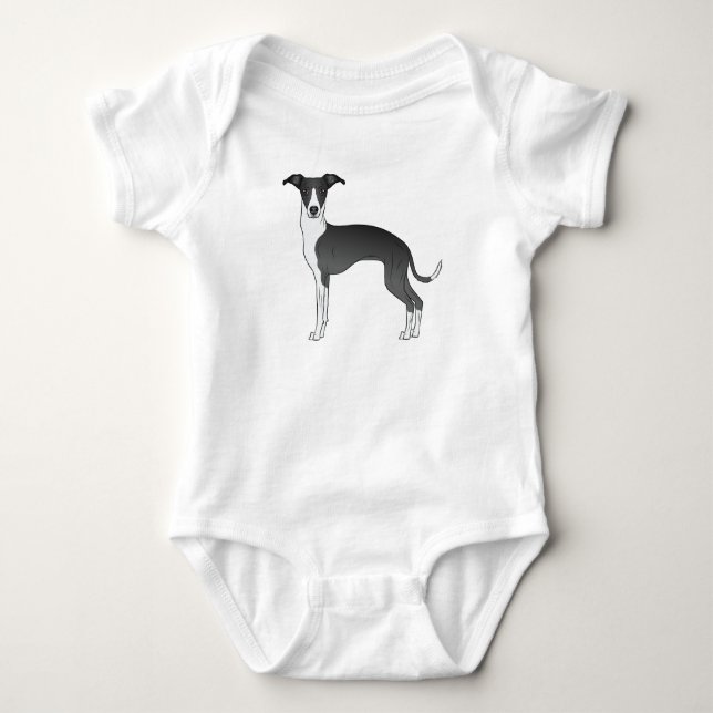 Black And White Italian Greyhound Cute Cartoon Dog Baby Bodysuit (Front)