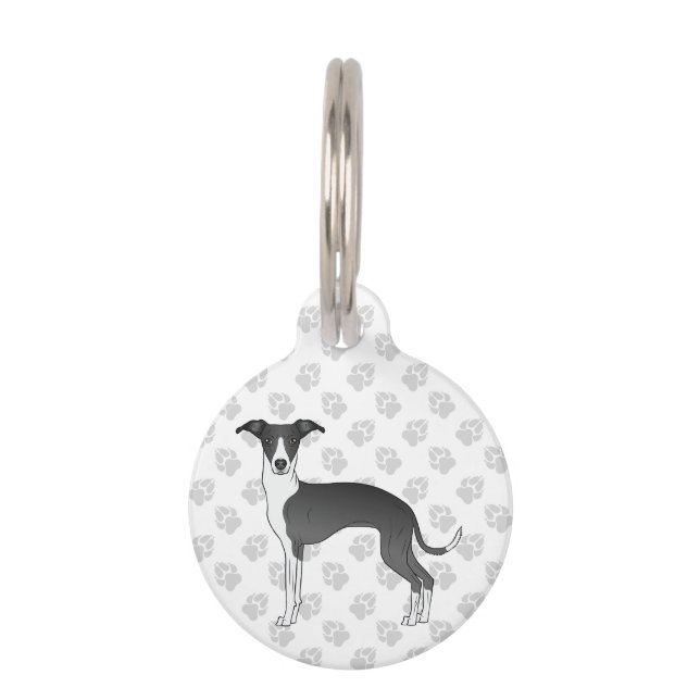 Black And White Italian Greyhound Cute Cartoon Dog Pet ID Tag (Front)