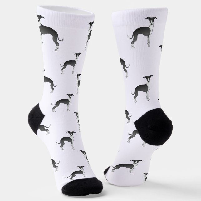 Black And White Italian Greyhound Cute Dog Pattern Socks (Angled)