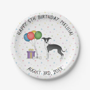 Black And White Italian Greyhound Dog Birthday Paper Plates