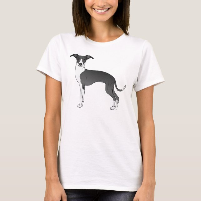 Black And White Italian Greyhound Dog Illustration T-Shirt (Front)