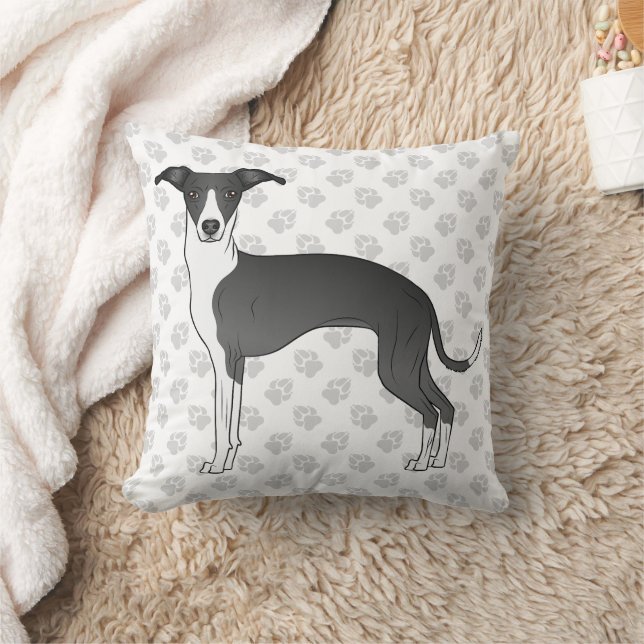 Black And White Italian Greyhound Dog With Paws Throw Pillow (Blanket)