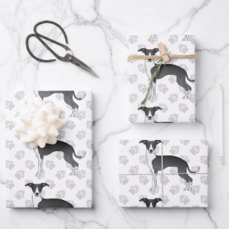 Black And White Italian Greyhound Dogs With Paws Wrapping Paper Sheets