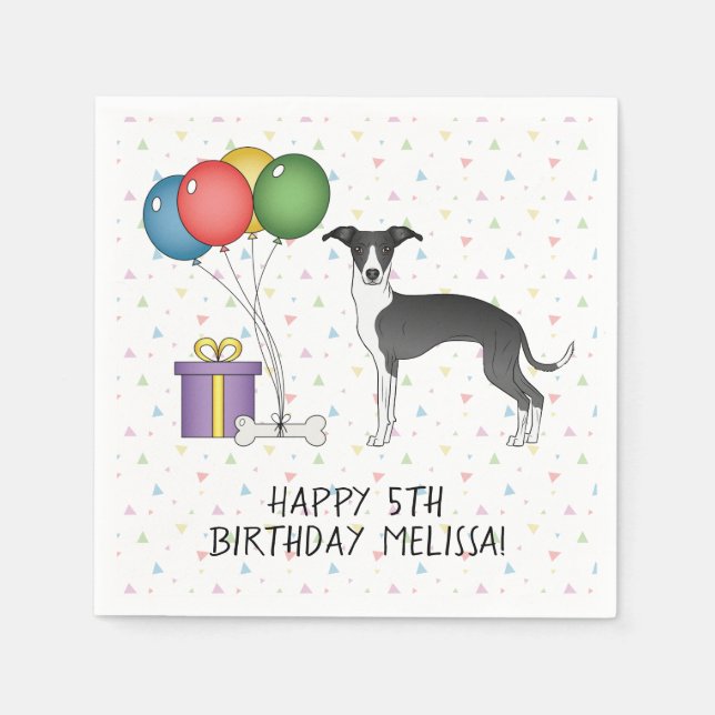 Black And White Italian Greyhound - Happy Birthday Napkins (Front)