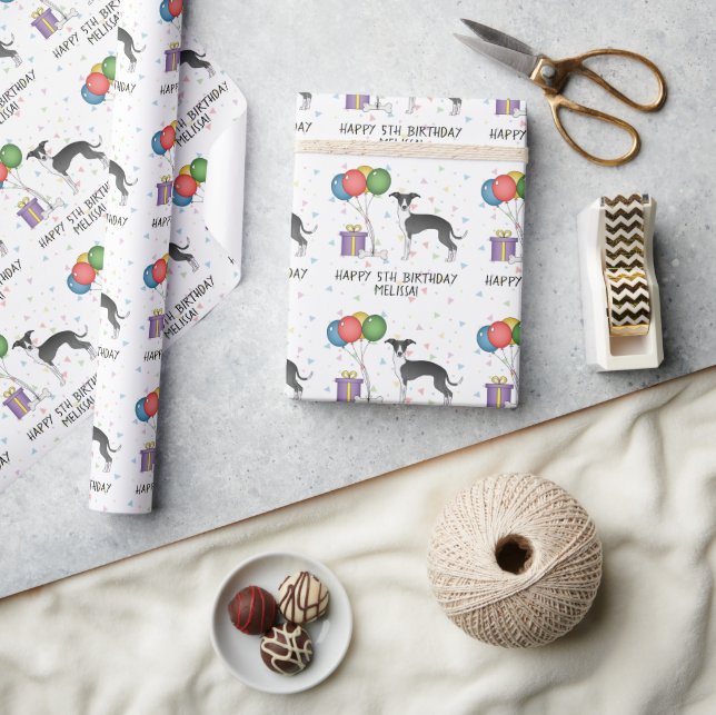 Black And White Italian Greyhound - Happy Birthday Wrapping Paper (Crafts)