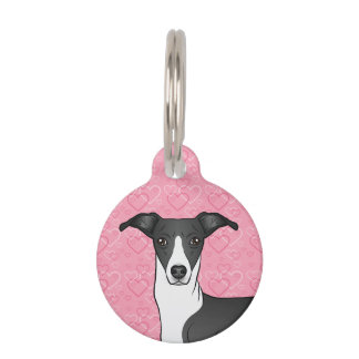 Black And White Italian Greyhound Head Pink Hearts Pet ID Tag