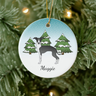 Black And White Italian Greyhound In Winter Forest Ceramic Ornament