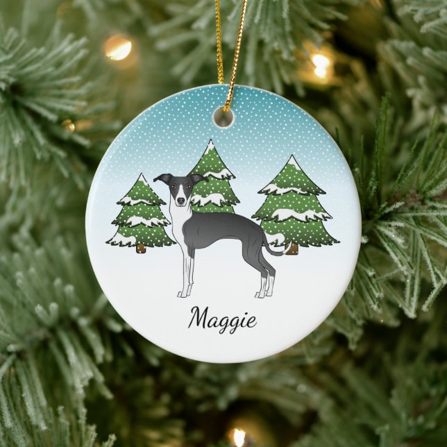 Black And White Italian Greyhound In Winter Forest Ceramic Ornament (Tree)