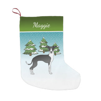 Black And White Italian Greyhound In Winter Forest Small Christmas Stocking