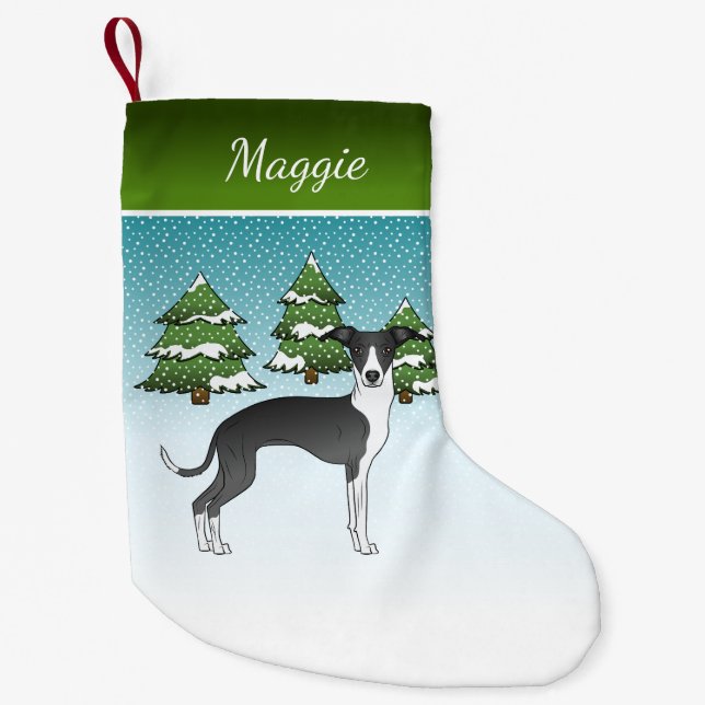 Black And White Italian Greyhound In Winter Forest Small Christmas Stocking (Front)