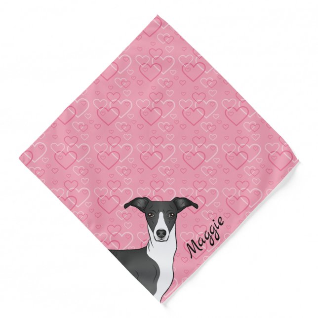 Black And White Italian Greyhound On Pink Hearts Bandana (Front)