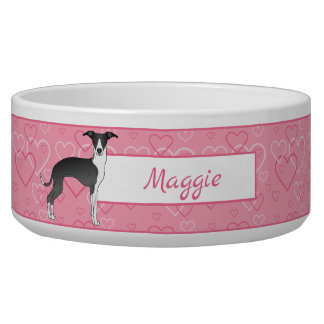 Black And White Italian Greyhound On Pink Hearts Bowl