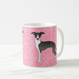 Black And White Italian Greyhound On Pink Hearts Coffee Mug