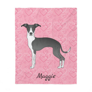 Black And White Italian Greyhound On Pink Hearts Fleece Blanket
