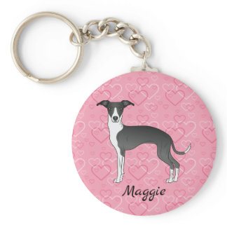 Black And White Italian Greyhound On Pink Hearts Keychain
