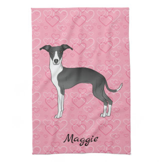 Black And White Italian Greyhound On Pink Hearts Kitchen Towel